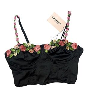 NWT SHEIN Bae Black Top Pink Embroidered Flowers Floral Details Size Large